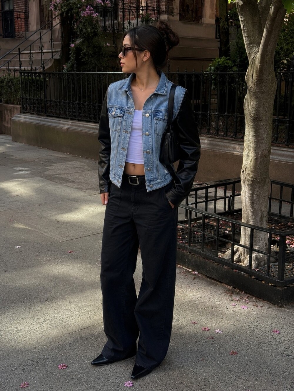 Aritzia Talula Denim Faux Leather Sleeve Moto Jacket Womens Small